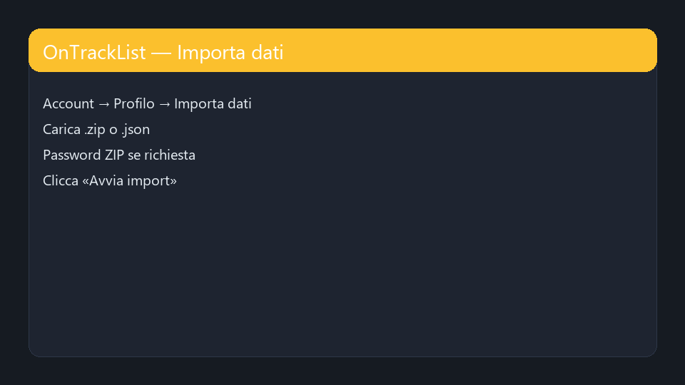 Sezione Importa dati nell'area account OnTrackList