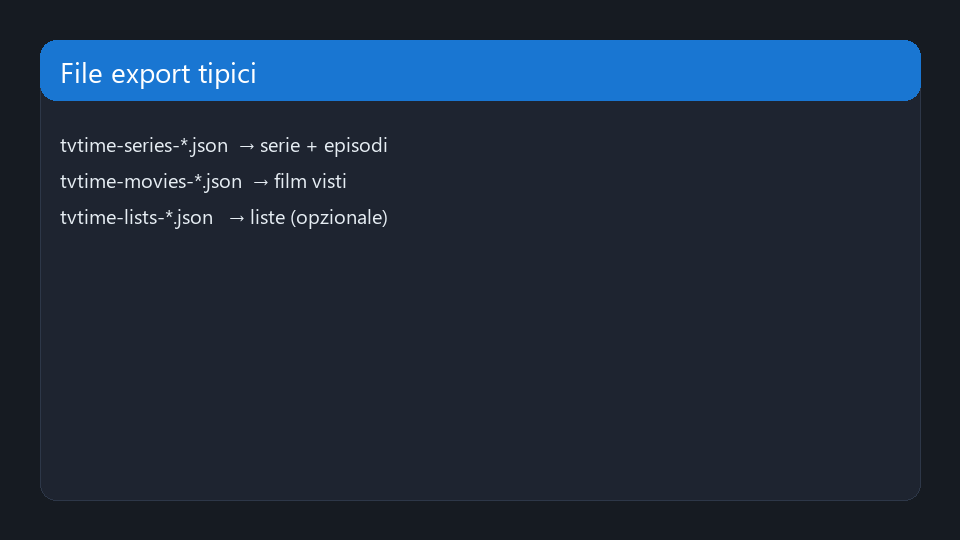 File JSON di export filmografia: serie, film e liste